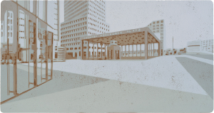 Ein Farbholzschnitt von Harald Alff. Motiv Potsdamer Platz, Berlin.