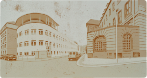 Ein Farbholzschnitt von Harald Alff. Motiv Ziegelstrasse, Monbijoustrasse, Berlin.