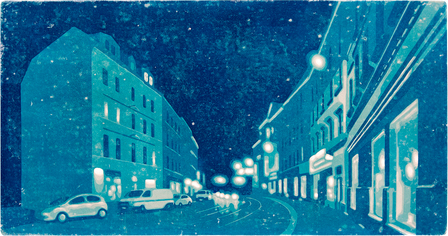 Ein Farbholzschnitt von Harald Alff. Motiv Leipzig Gohlis bei Nacht.