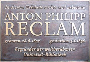 Gedenktafel für Anton Philipp Reclam, Inselstrasse, Leipzig. Entwurf Harald Alff