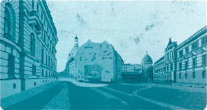 Ein Farbholzschnitt von Harald Alff. Motiv Salzgasse, Dresden.