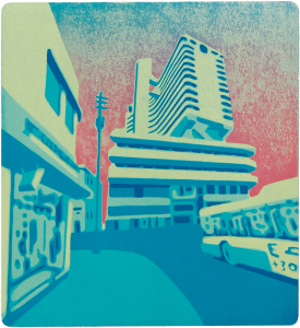 Ein Farbholzschnitt von Harald Alff der im Kalender von Hoch+Partner im Jahr 2014 erschien. Das Motiv ist Tel Aviv.