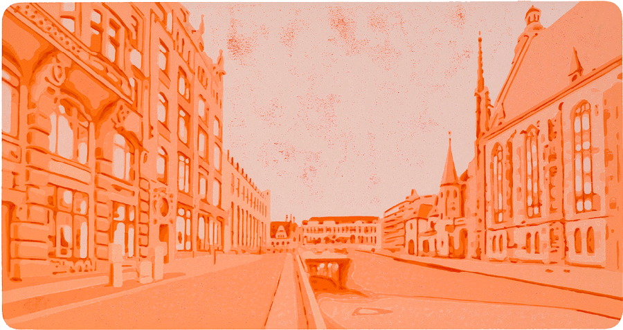 Ein Farbholzschnitt von Harald Alff. Motiv Thomaskirchhof Leipzig.