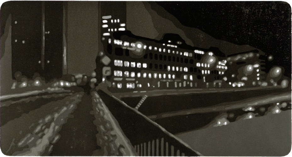 Ein Farbholzschnitt von Harald Alff. Motiv Gohlis, Nordstrasse bei Nacht.