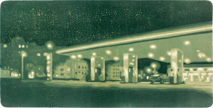 Ein Farbholzschnitt von Harald Alff. Motiv Gohlis, Aral-Tankstelle am Chausseehaus.