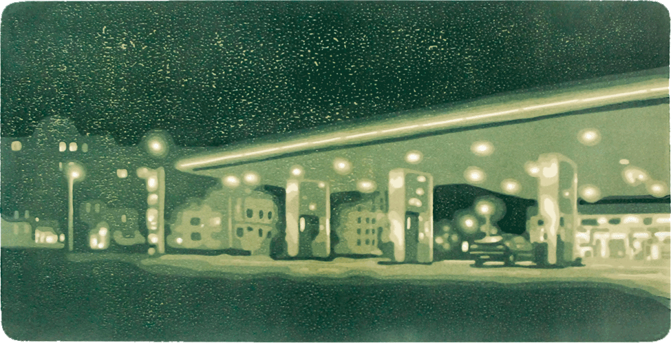 Ein Farbholzschnitt von Harald Alff. Motiv Gohlis, Aral-Tankstelle am Chausseehaus.