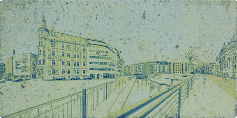 Grossformatiger Farbholzschnitt von Harald Alff. Motiv Simsonplatz, Mendelssohn-Ufer.