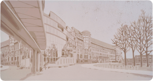 Ein Farbholzschnitt von Harald Alff. Motiv Deutsche Nationalbibliothek Leipzig.