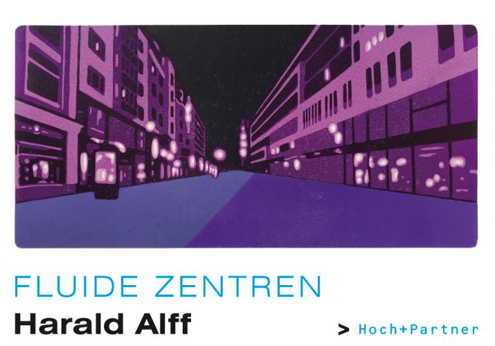 Einladungskarte zur Ausstellung »Fluide Zentren« von Harald Alff in der Galerie hochdruckpartner Leipzig.